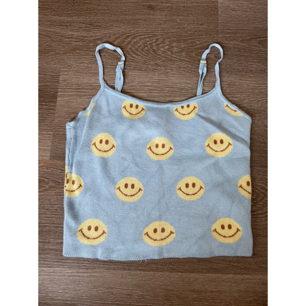 Say What? Smiley Face Sweater Camisole Sleeveless Cropped Tank Top Blue Medium